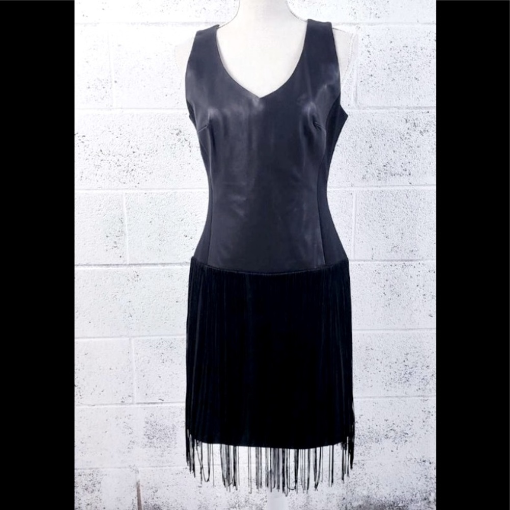 Boston Proper Faux Leather Stretch dress with fringe